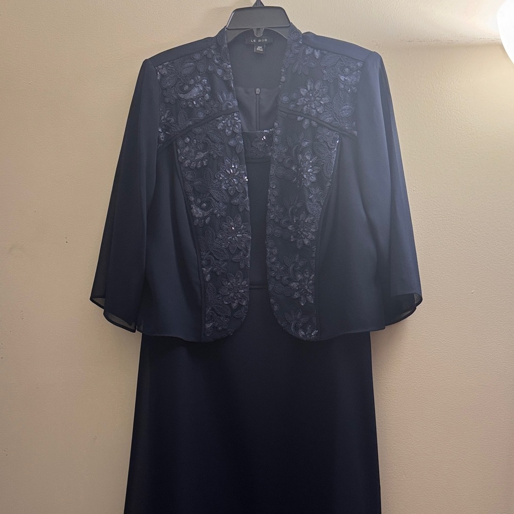 Le Bos Elegant Navy Blue Dress with Jacket Size: 14W